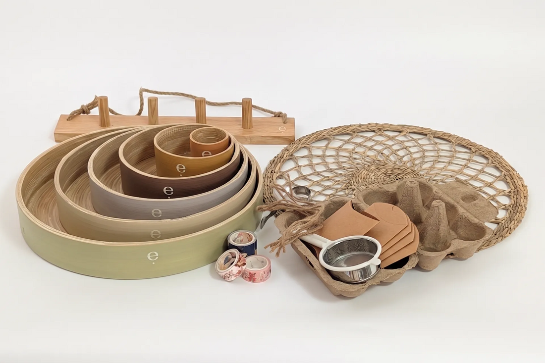 Set of woven trays and bowls on a white background